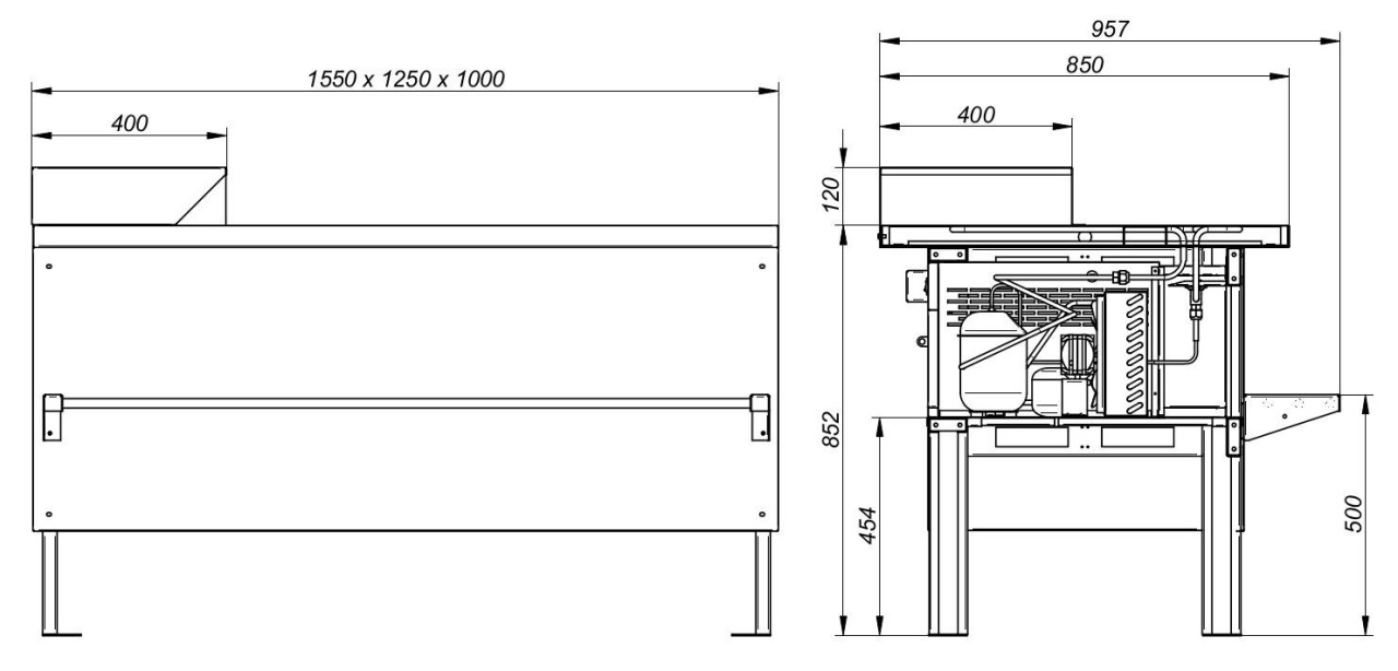 Прилавок холодильный среднетемпературный «Мясной» ПХС-1,00/0,85 (встроенное холодоснабжение) с трубой перекладиной и крючком  - Изображение 2
